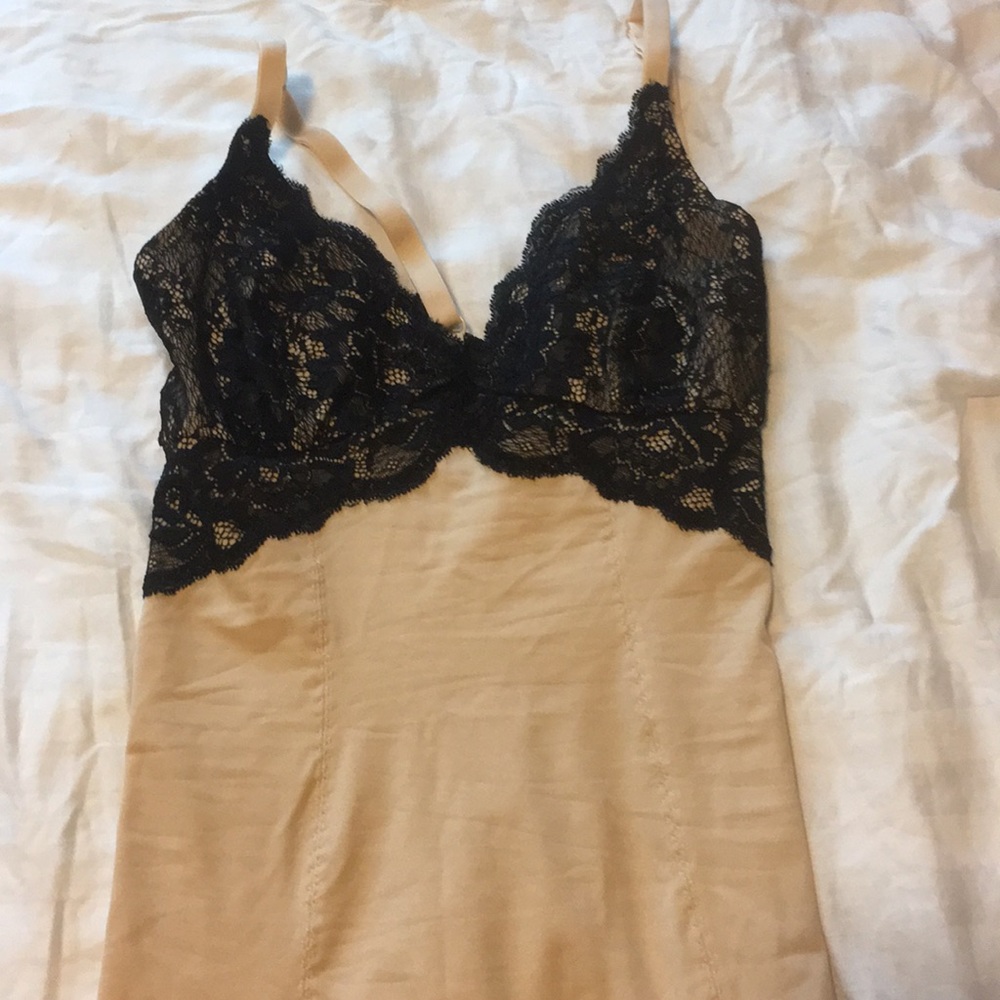 Nude with black lace top slip
